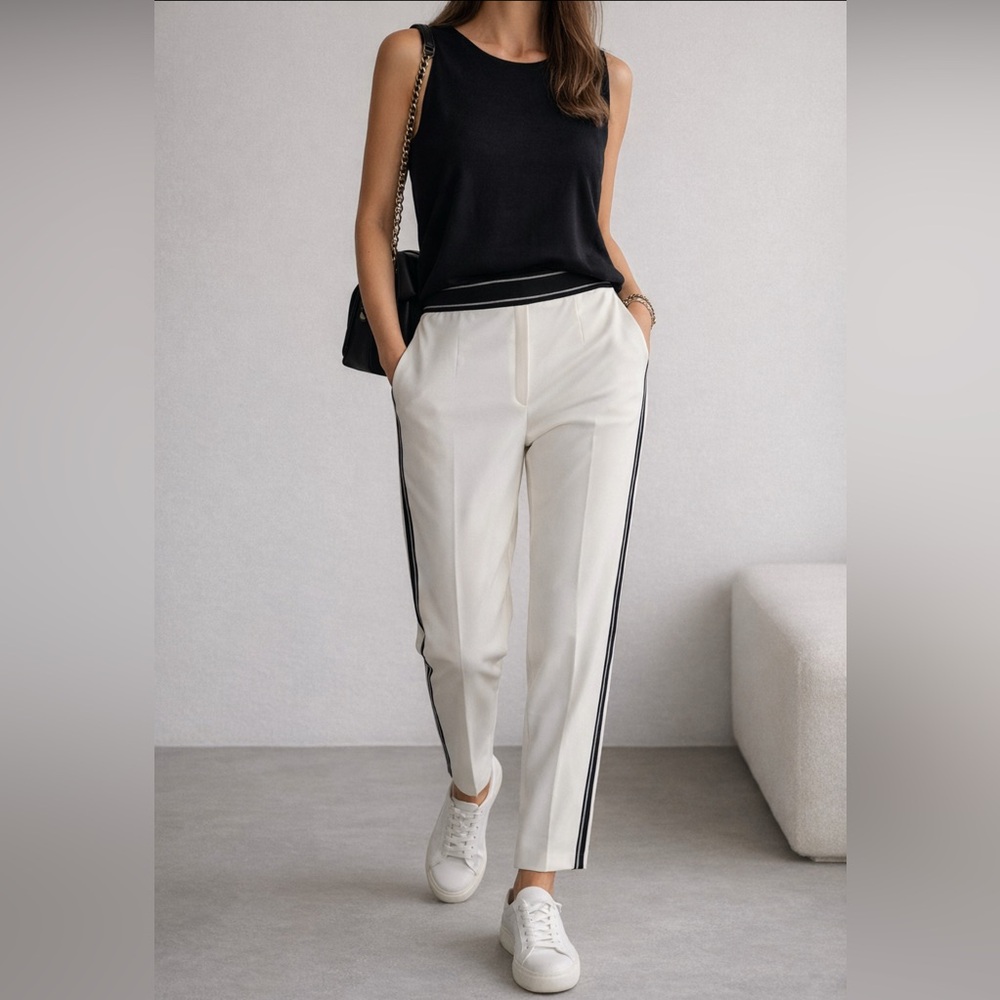 Luisa Cerano White Track Pants Black Side Stripe‎ Elastic Waist Size US 10